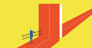 Illustration where a businessman holds a ladder next to a large bump in the road
