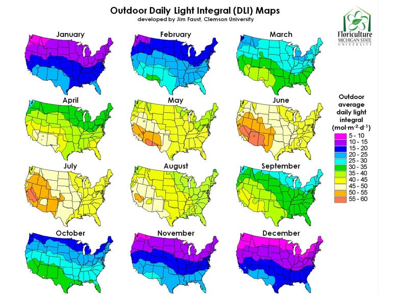 Outdoor daily light integral map for continental United States January through December