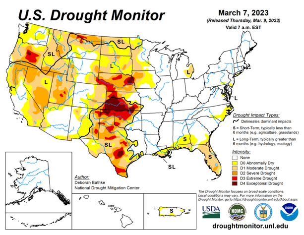 U.S. drought monitor map released March 7, 2023