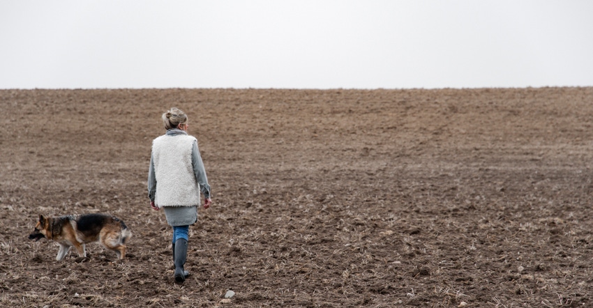 Woman walking in field with dog Woman walking in field with dog