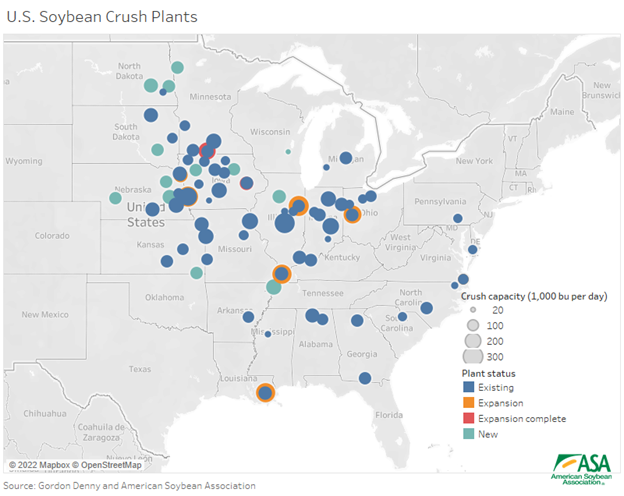 Map of U.S. Soy crush plants 