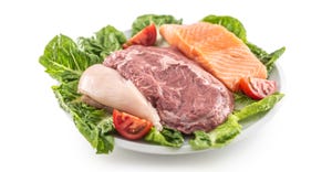 raw chicken, fish and beef on plate