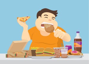 Cartoon of fat man eating junk food
