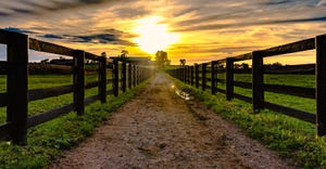 fence-lined dirt road leading to barn with sunset in background