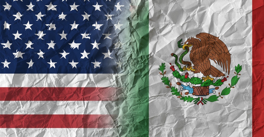 US and Mexico on crumpled paper, policy and relations concept