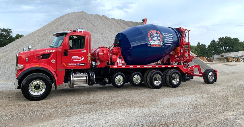 The Shelly Company rolling billboard cement truck with Farm Bureau branding featured on it