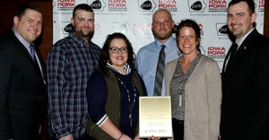  Chris Rademacher, Iowa Pork Industry Center; Gary and Heather Brands; Gerry and Kandace Brands; and IPPA president Trent Thi