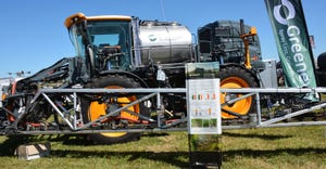 Greeneye retrofitted boom on a Hagie sprayer on display at the 2022 Farm Progress Show