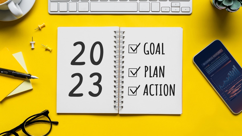 2023 new year goal,plan,action concepts with text on notepad and office accessories on yellow background