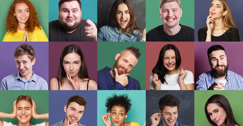 Different emotions collage. Set of male and female emotional portraits. Young diverse people grimacing and gesturing on camer Different emotions collage. Set of male and female emotional portraits. Young diverse people grimacing and gesturing on camer