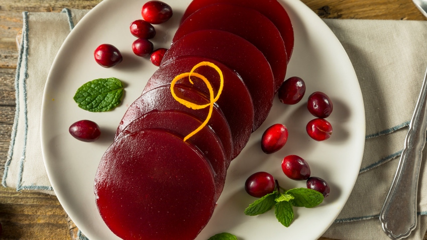 sliced canned cranberry jelly on plate