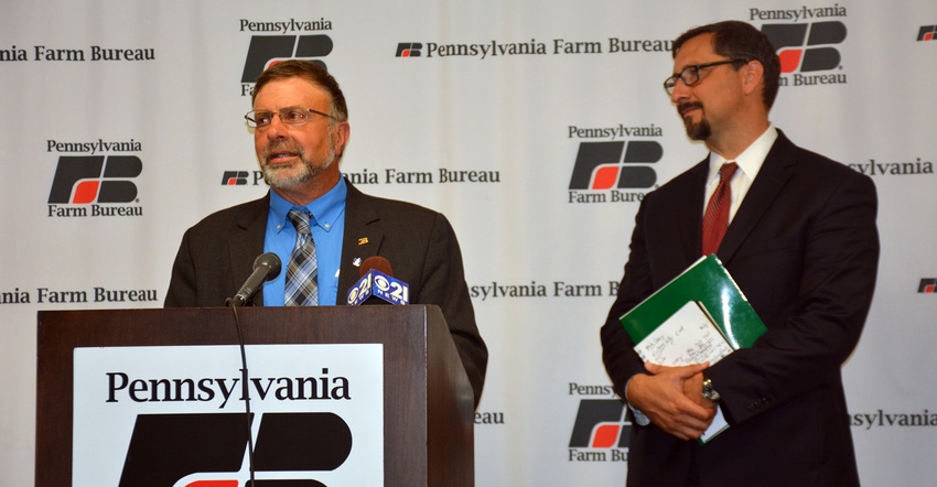 : Rick Ebert (left), president of Pennsylvania Farm Bureau, welcomes Adam Ortiz, administrator of EPA’s Region 3, during a 