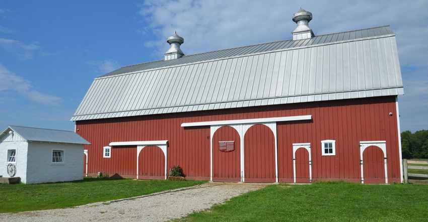 red gambrel-roofed barn at Prophetstown State Park in Battle Ground, Ind.