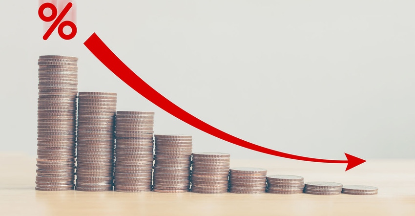 Coin stack step down graph with red arrow and percent icon, Risk management business financial and managing investment percen