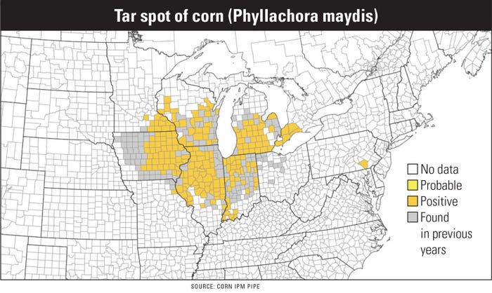 U.S. map of tar spot of corn (Phyllachora maydis)
