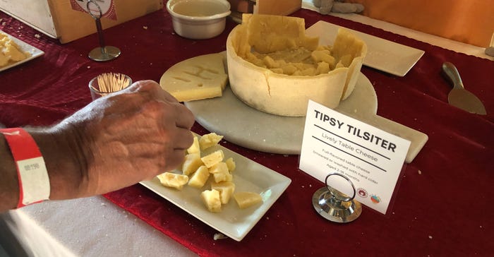 hand using a toothpick to pick up some Tipsy Tilsiter cheese curds