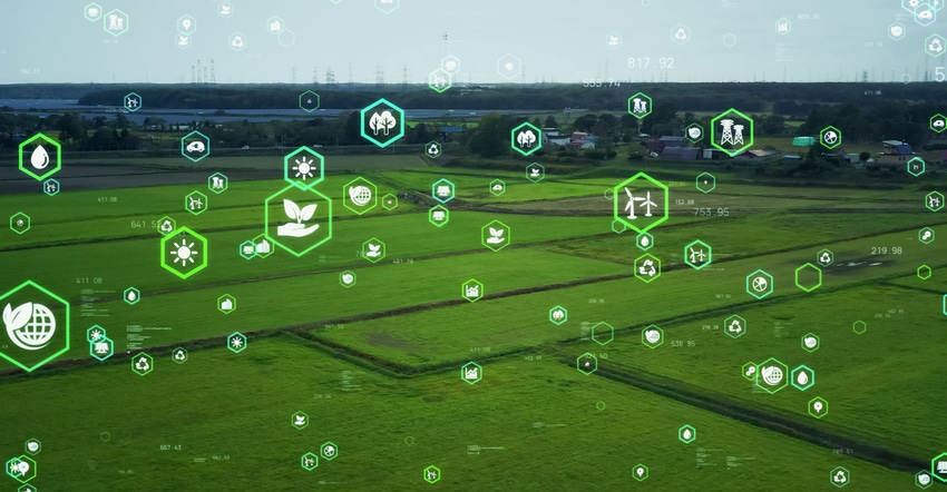 Data and tech icons overlay an aerial of farm fields
