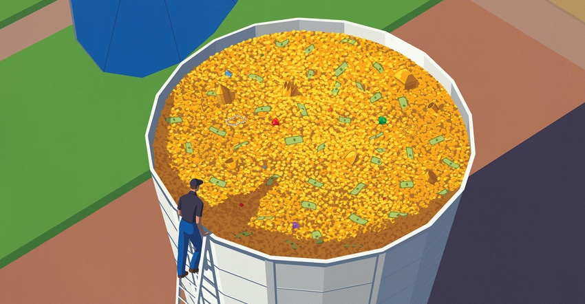 Man climbing up ladder to open grain bin