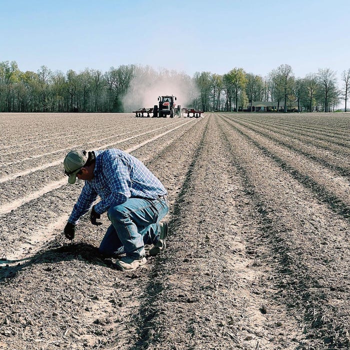 Zack Tanner checks planter depth and spacing 