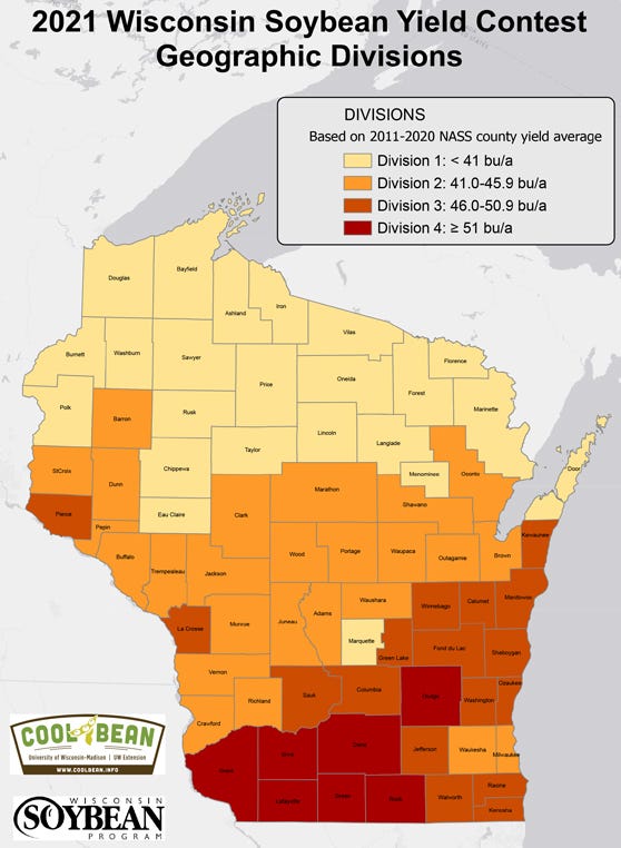 Wisconsin map showing 4 soybean divisions