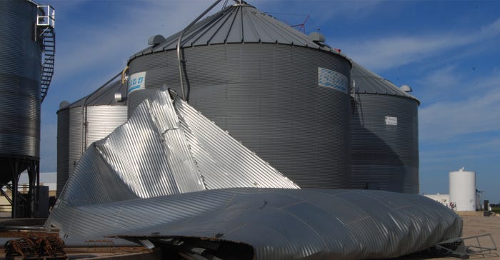 Two grain bins were destroyed, and the roof damaged on another bin by severe winds on the Gerlach farm