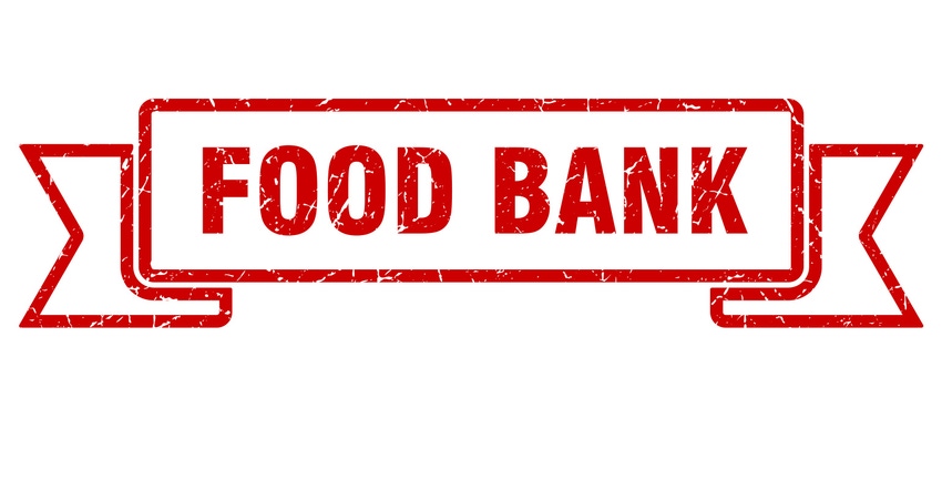 Illustration of a ribbon and the words Food Bank