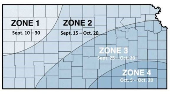A map from Kansas State University shows the optimum wheat planting dates by zones across the state