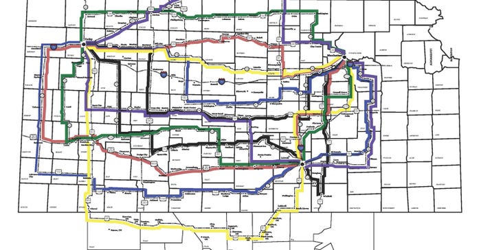 Color-coded routes each on map for Wheat tour