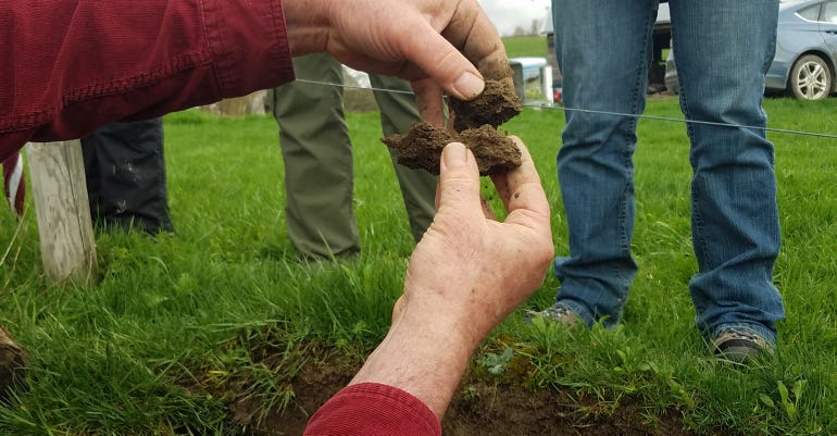 Consulting agronomist Larry Hepner shows how to identify “platy” structure in pasture soil