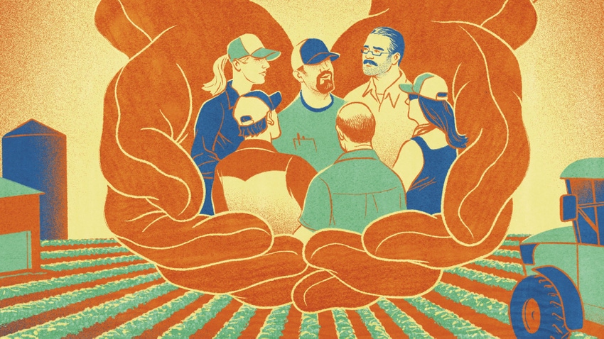 Illustration of hands holding group of farm workers