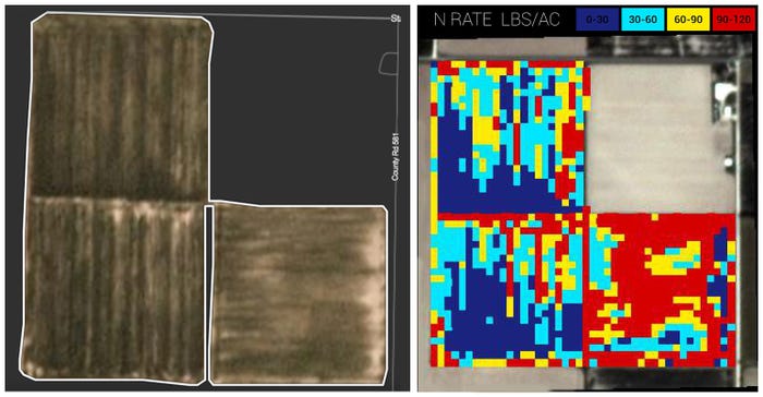 Pictured on the left a satellite image showing nitrogen loss on a field, the image on the right shows anticipated yield loss