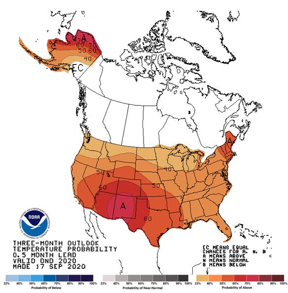 A forecast map for the 90-days from mid-September to mid-December from the Climate Prediction Center