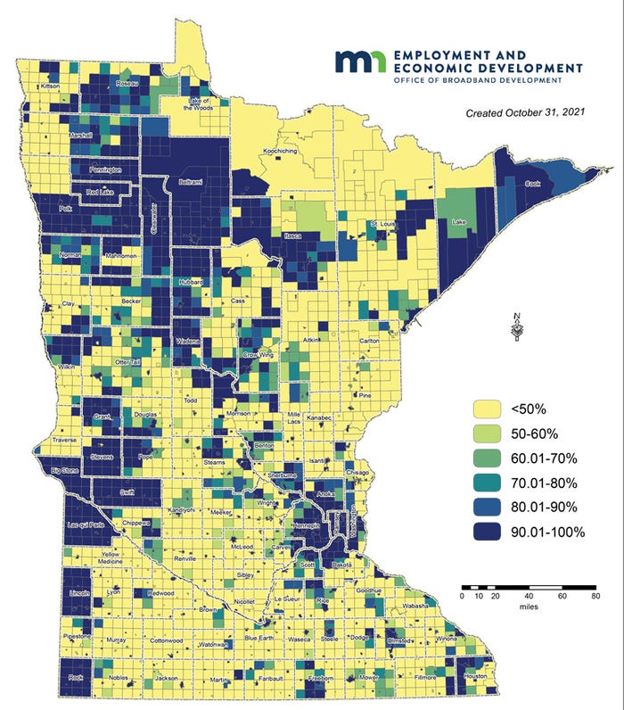 map of Minnesota shows percentage of households served by wireline broadband service 