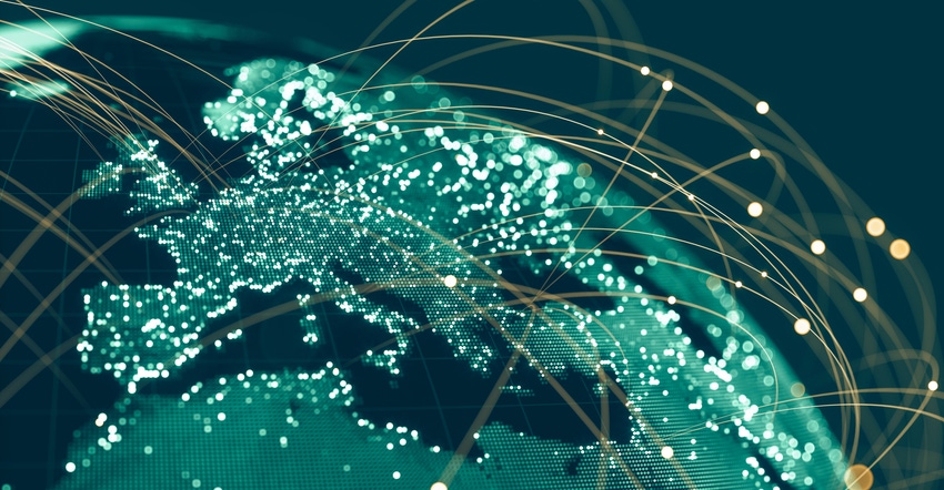 Blue Globe viewing from space at night with connections between cities Blue Globe viewing from space at night with connections between cities