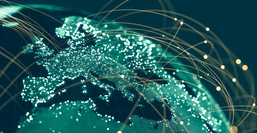 Blue Globe viewing from space at night with connections between cities