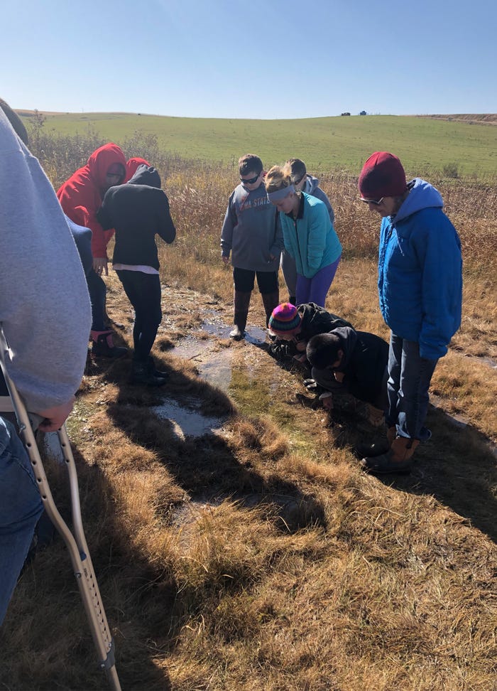 Students looking at soil/peat in fen Students looking at soil/peat in fen