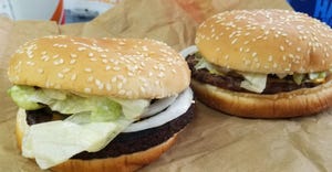 Comparison of plant-based Impossible Whopper (left) with traditional Whopper (right) during a limited market test run in the 