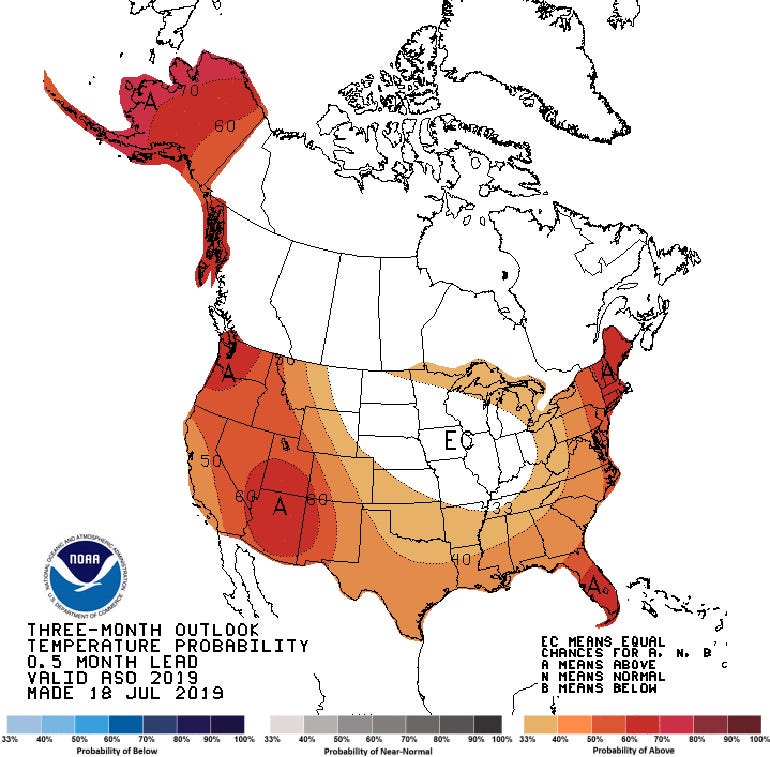 Temperature outlook for August through October 2019