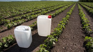 pesticide containers sitting on ground in soybean field