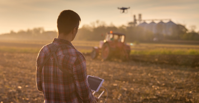 farmer flying drone over field