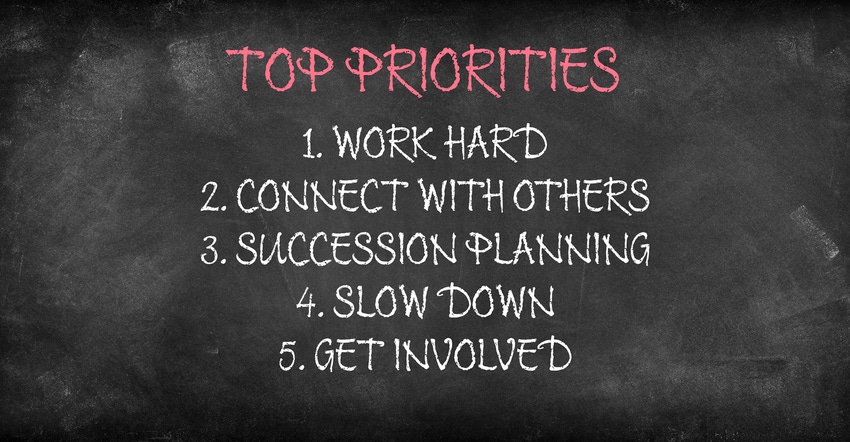 Illustration of chalkboard with 5 priorities: work hard, connect with others, succession planning, slow down and get involved Illustration of chalkboard with 5 priorities: work hard, connect with others, succession planning, slow down and get involved