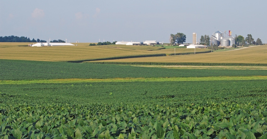 Soybean, corn field with farm and silos in background