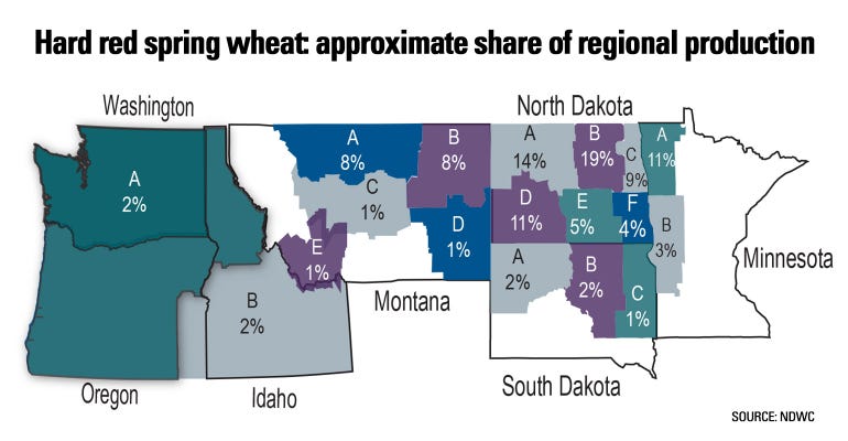 Map showing approximate share of regional production for hard red spring wheat