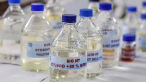 Small bottles labeled bio jet fuel