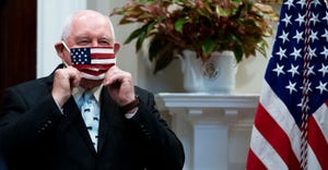 U.S. Agriculture Secretary Sonny Perdue adjusts his mask during an event in the Roosevelt Room at the White House 