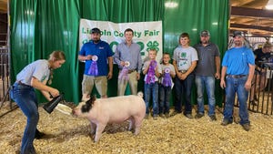Trampas Carr exhibits his show pig at the local fair along with other winners