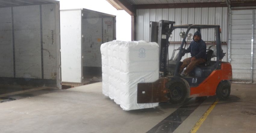 At the gins, cotton is cleaned and packed into 500-pound bales which are loaded on trucks and moved to the warehouse