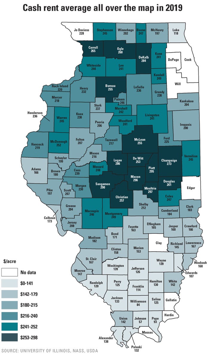 Illinois cash rent average map