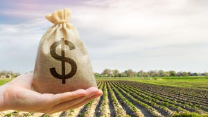 Money bag in the hand of a farmer with agricultural crops in the background