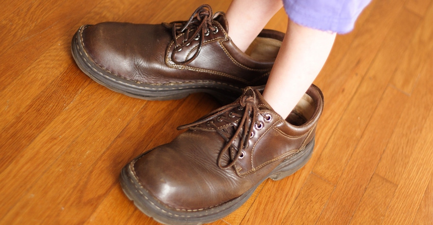 Closeup of child wearing Dad's shoes Closeup of child wearing Dad's shoes